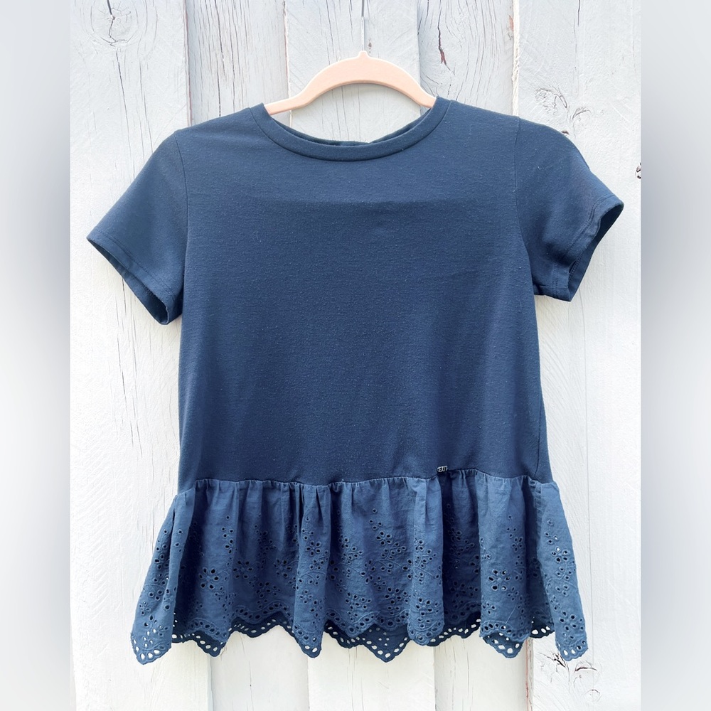 Vintage dark blue smock top EXIT EMBLEM on the front, pretty blue eyelet ruffle.